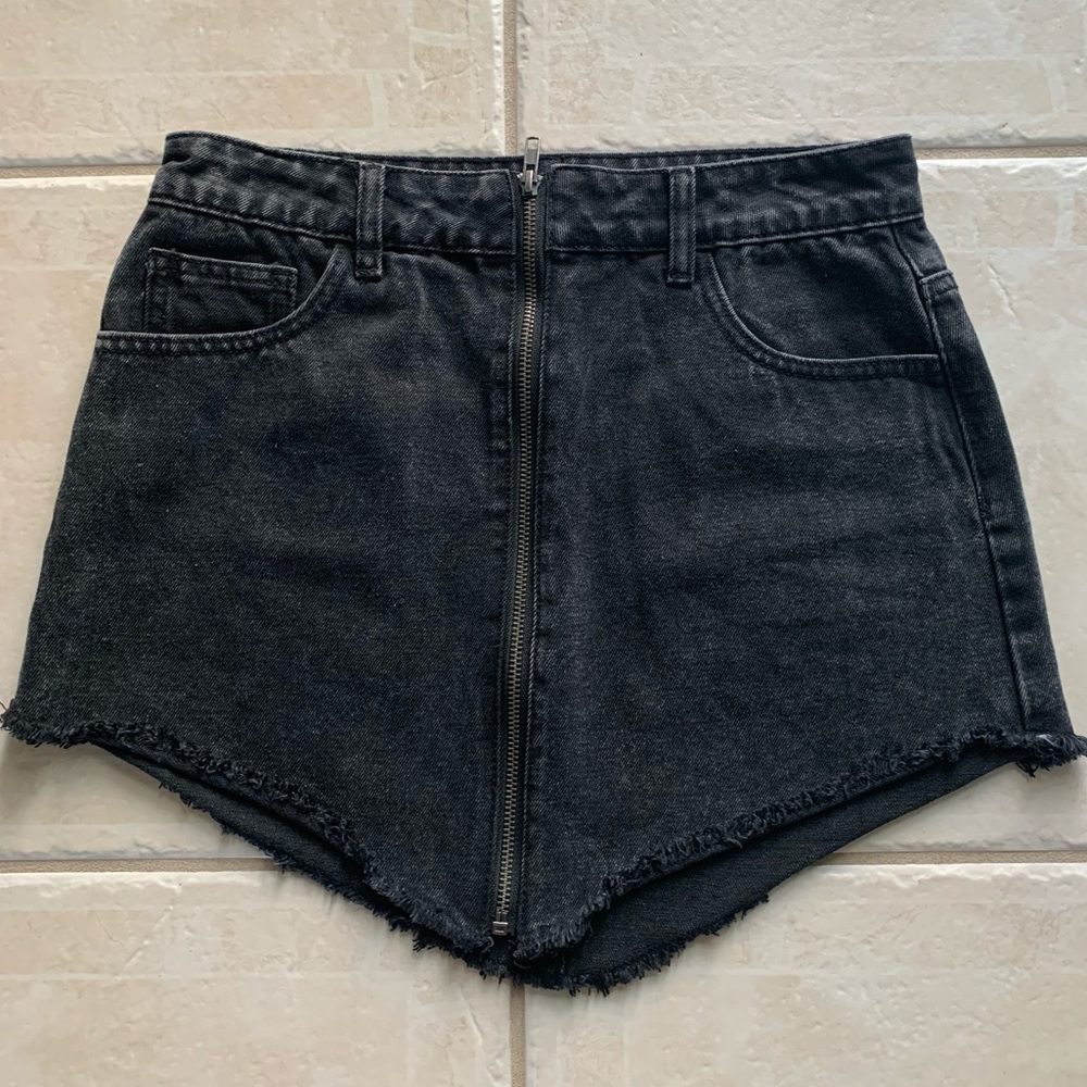 High Waisted Denim Black Stone Washed Triangle-cut Mini Skirt